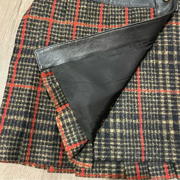 Coach Wrap Wool and Leather Tartan Mini Skirt - Black, Tan and Red - Picture 6 of 10